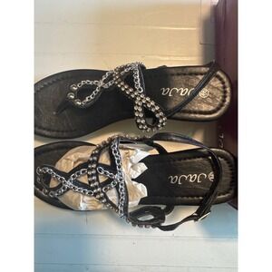 Java Ruby-02 Wedge Sandals Women 9.5 Black New Rhinestone Chain Strappy